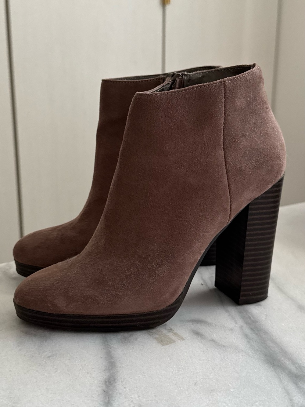 LC Lauren Conrad Mauve Suede Block Heel Booties
